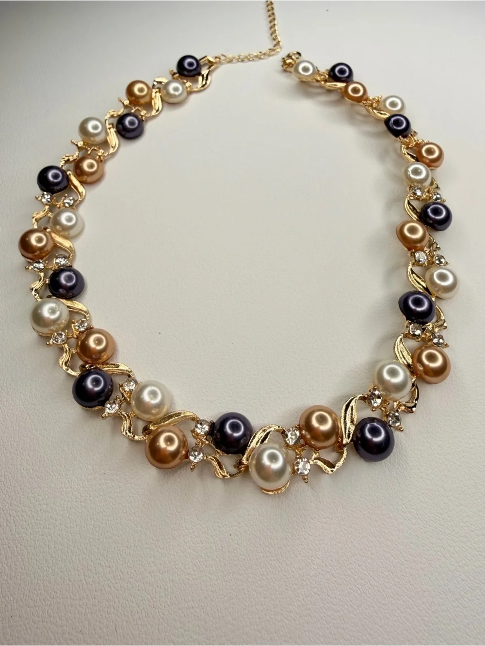 Gold Collar Necklace with Black, White and Champagne Pearls